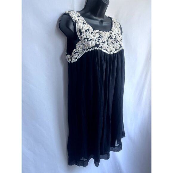 Gold Hawk 100% Silk Mini Tunic Dress Size XS Beaded Black Cream Classy Coastal - Picture 3 of 12